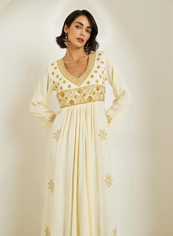 Amirah Women Cream Embroidered A-Line Jalabiya